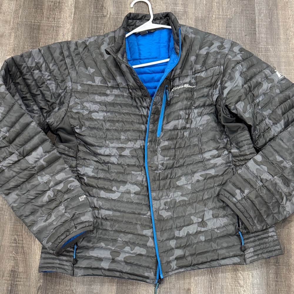 Eddie Bauer Men's Camo Puffer Jacket with Blue Trim